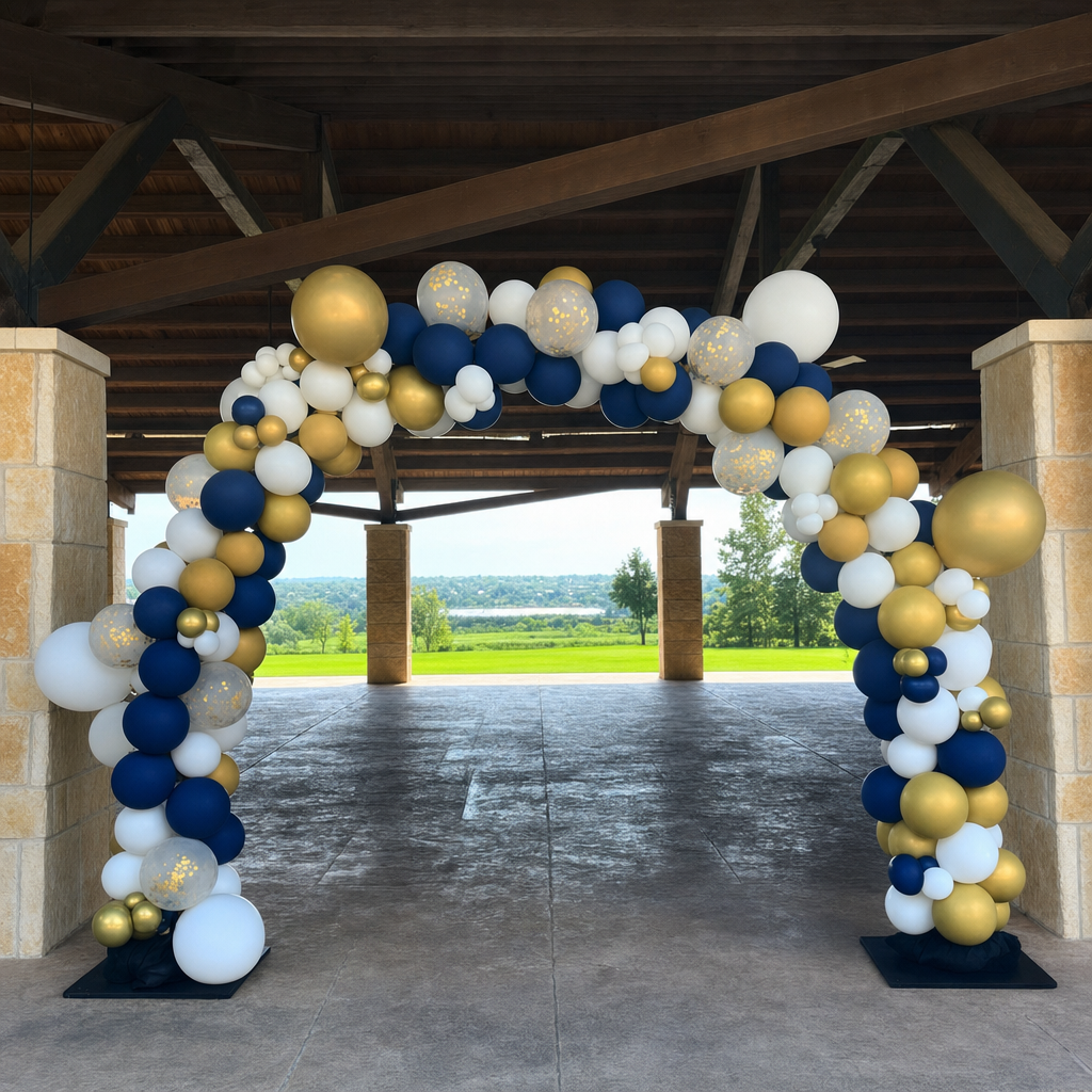 Navy, gold, and white balloon arch under a pavilion