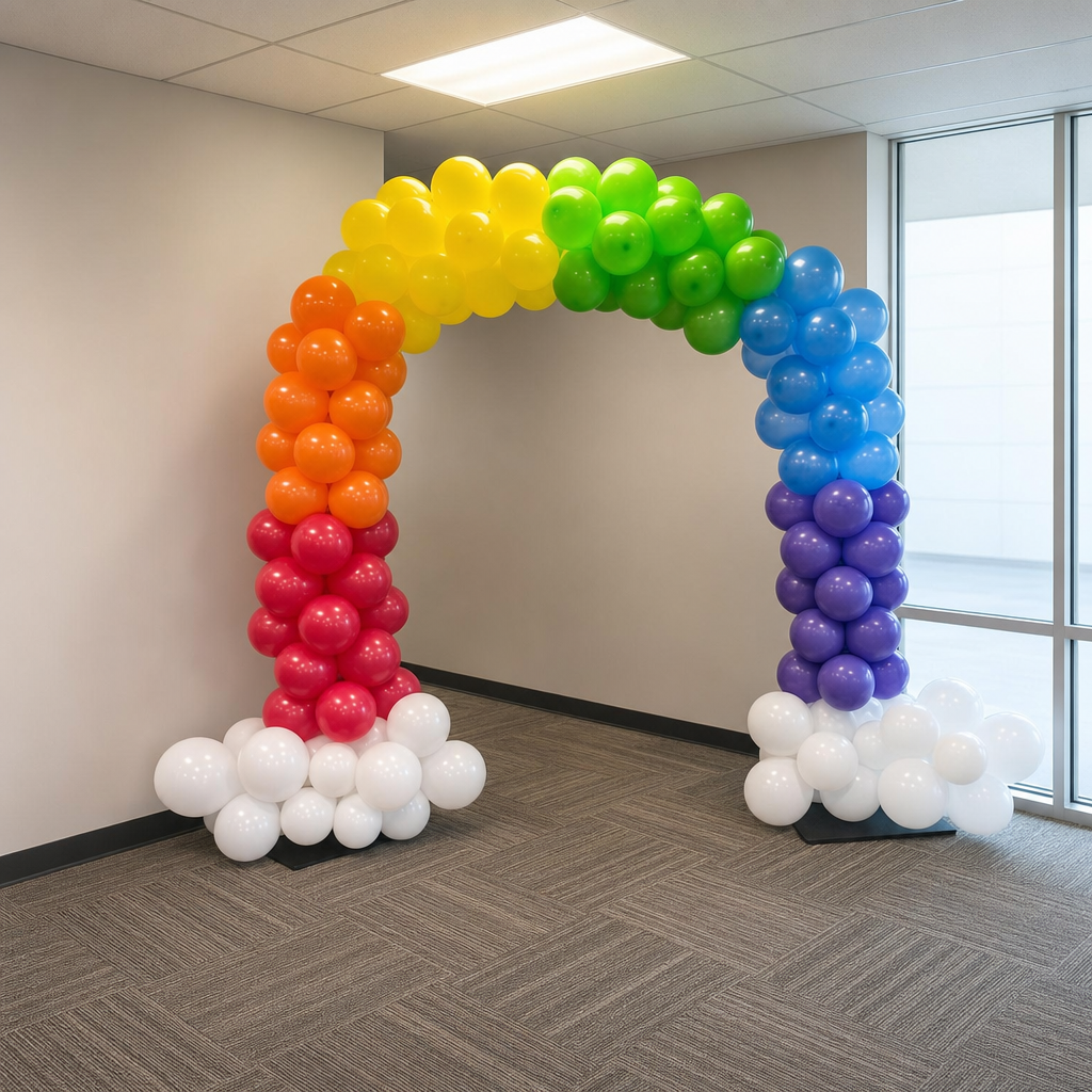 Rainbow gradient balloon arch at an office entry