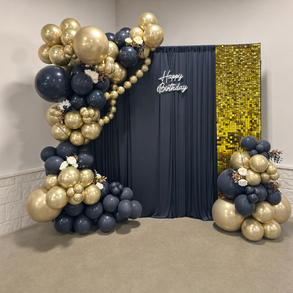Navy and gold birthday shimmer balloon backdrop
