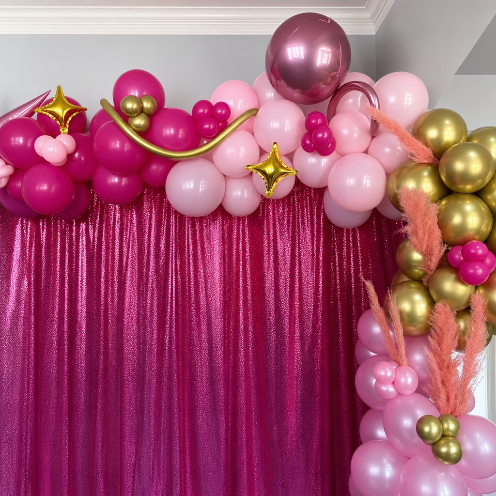 Pink and gold balloon backdrop with a sequin curtain