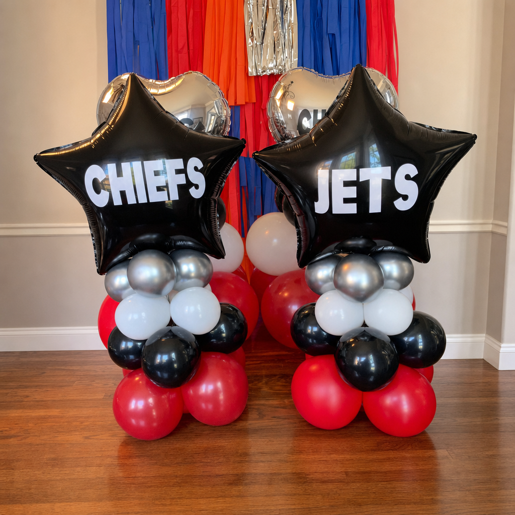 Sports rivalry balloon centerpiece with stars