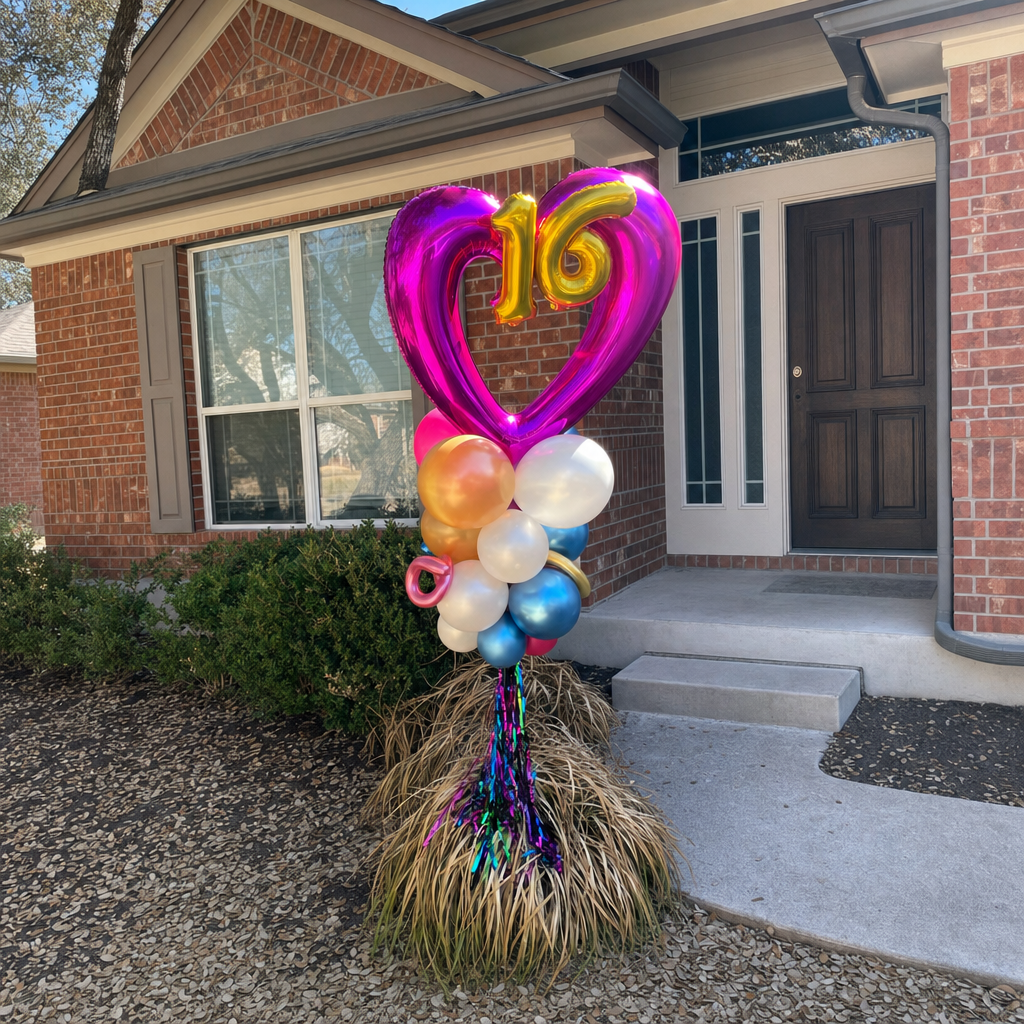 Pink heart sweet sixteen balloon centerpiece