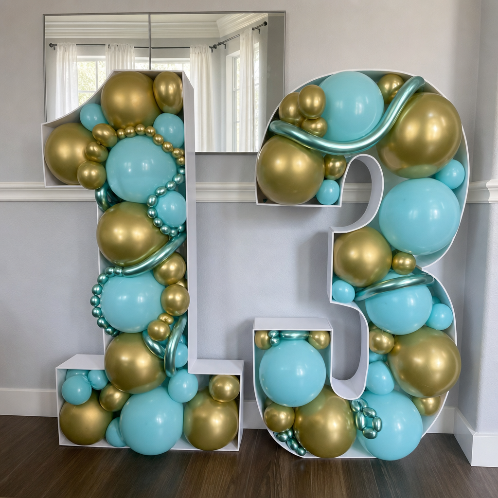 Aqua and gold balloon display with marquee numbers