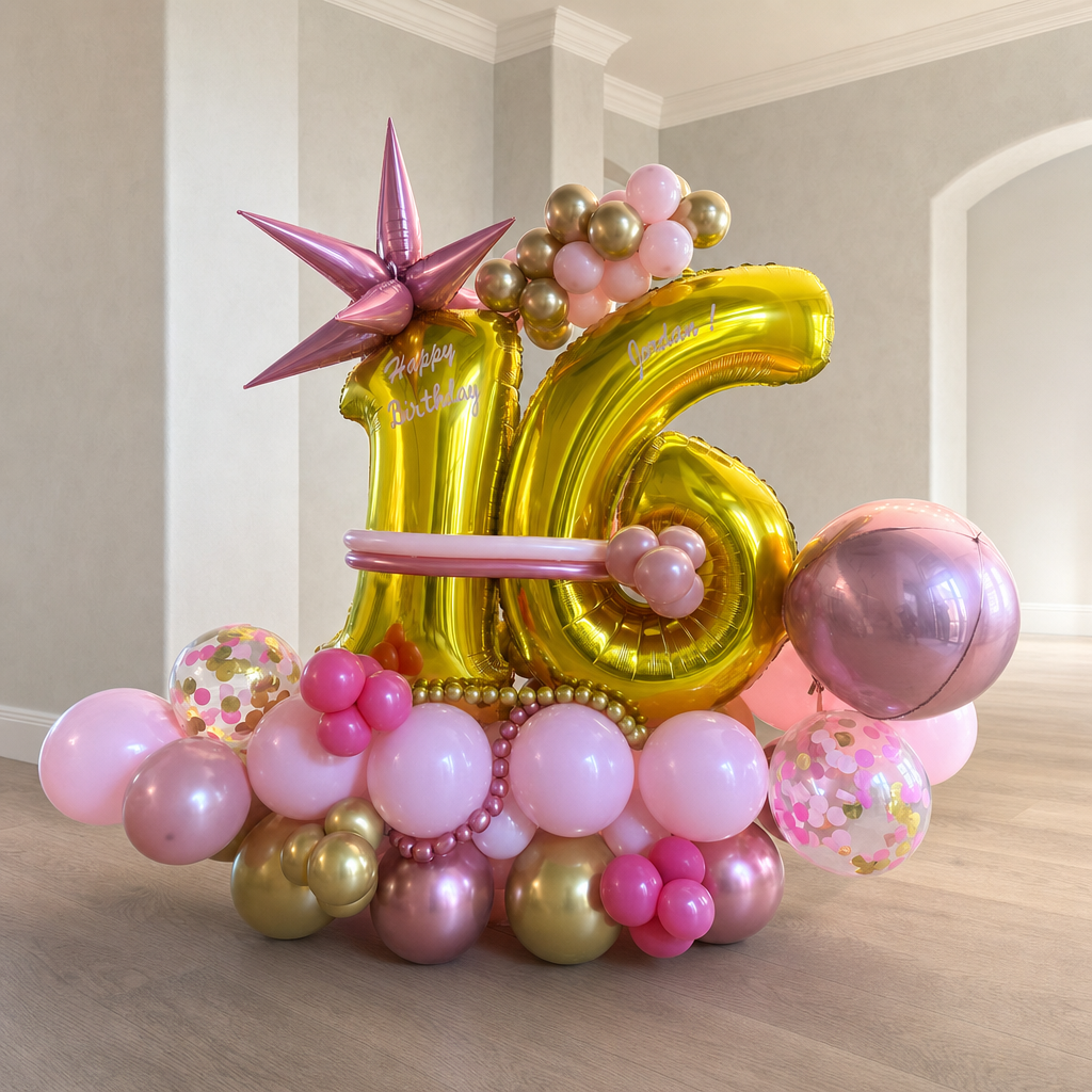 Gold sixteen freestanding balloon display with pink starburst accents