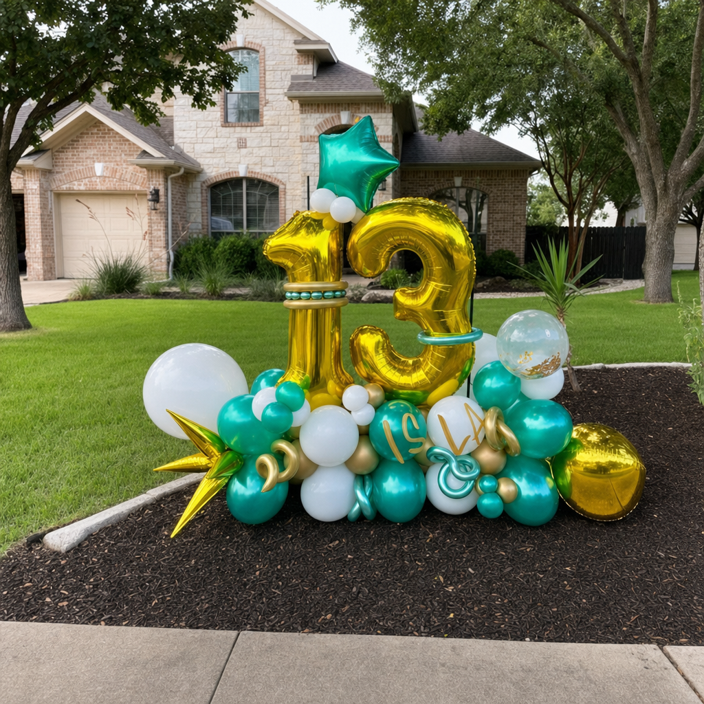 Gold thirteen freestanding balloon display with teal stars