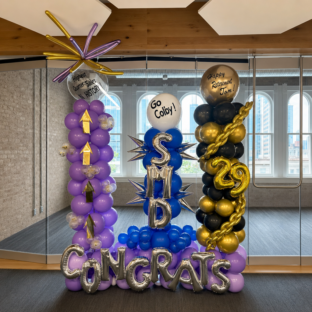 Retirement congratulations freestanding balloon display in purple, blue, and gold