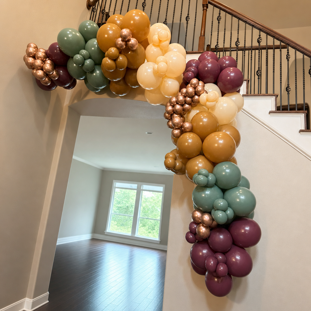 Earth tone balloon garland on a staircase entryway