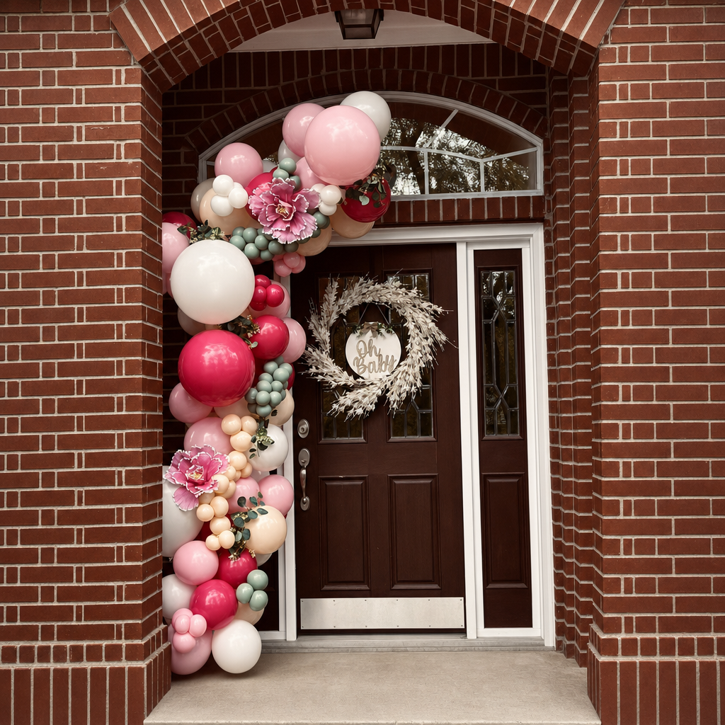Pink floral balloon garland on a front door