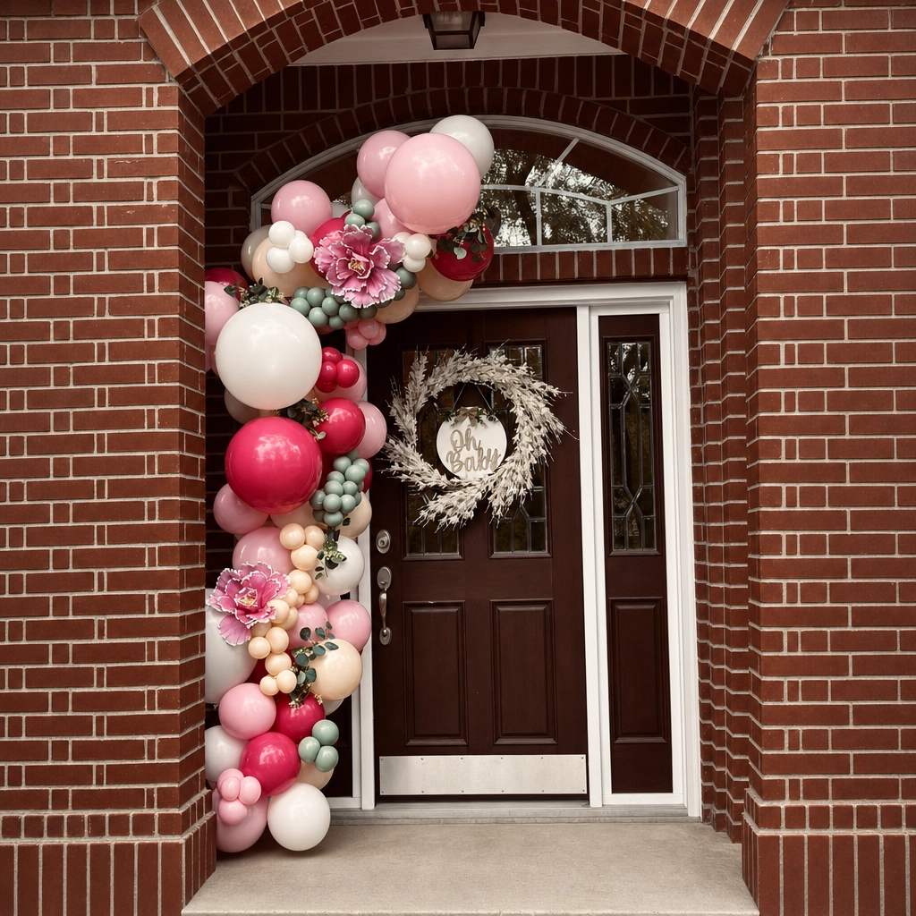 Pink floral balloon garland on a front door