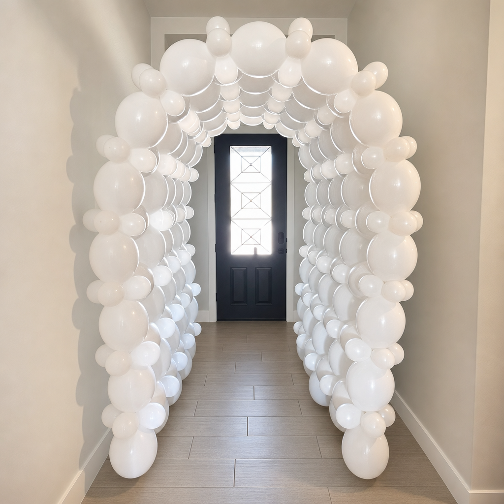 White balloon hallway tunnel installation